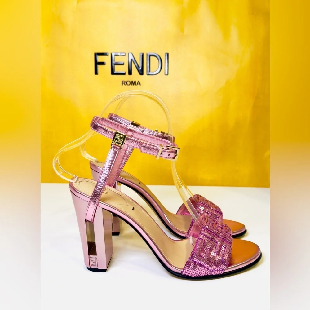 Fendi Delfina Heel Strap Sandals Pink Metallic Goat Leather FF Sequin Size 37 - Picture 11 of 16
